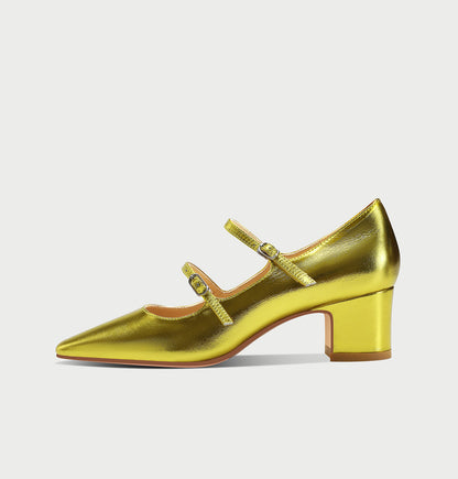 Pjjuu yellow gold double strap block heel MaryJane Pumps - Musa