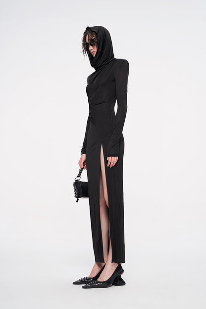 ANNAKIKI Designer Black Acetate Hood Slit Long Skirt Dress-HARUNA