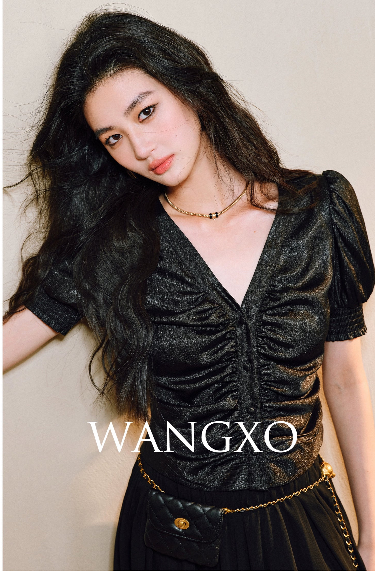 WANGXO Lumina Silk Satin Twill V-Neck Puff Sleeve Top - REYNA.