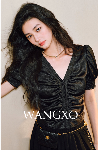 WANGXO Lumina Silk Satin Twill V-Neck Puff Sleeve Top - REYNA.