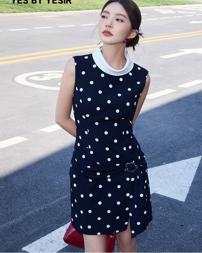 YES BY YESIR | Ye Qian Polka Dot Print Sleeveless Dress with Loop Knot & Deconstructed Charm-GENEVA.