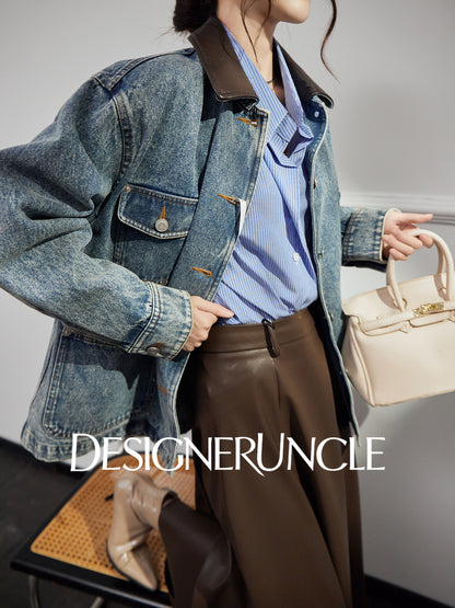 DGU "Qingyan" denim blue short jacket retro loose and versatile slimming top - Robert.