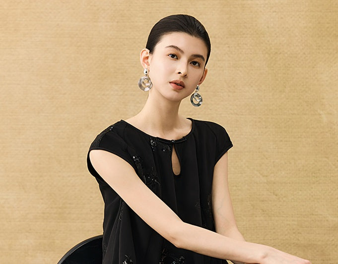 HECO Chinese Style Water Drop Neck Shoulder Embroidered Dress - SWEAT.