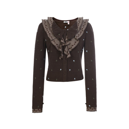 FAME Retro Style Three-Dimensional Embroidered Ruffle Leaf Plaid Collar Top - MIA.