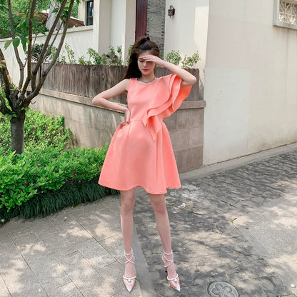 DOLLY Luxury Retro Style Crew Neck One Shoulder Ruffle Sleeves Midi Office Dress-CLAUDI