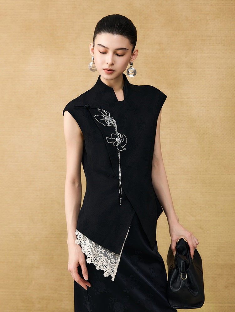 HECO Chinese style asymmetrical hand-embroidered vest top - FORD.