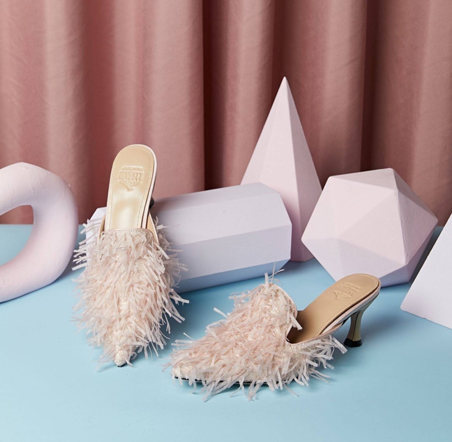 B-FEI fringed sandals slippers mules kitten heels-MUMT.