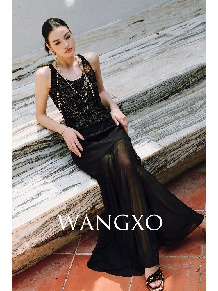 WANGXO | Twill Roman Knit with Lightweight Sheer Paneling  A-Line Hem Flowing Skirt  -RAYA