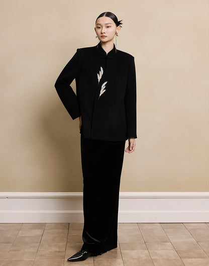 HECO New Wheat Ear Bead Embroidered Wool Tweed Jacket - care.