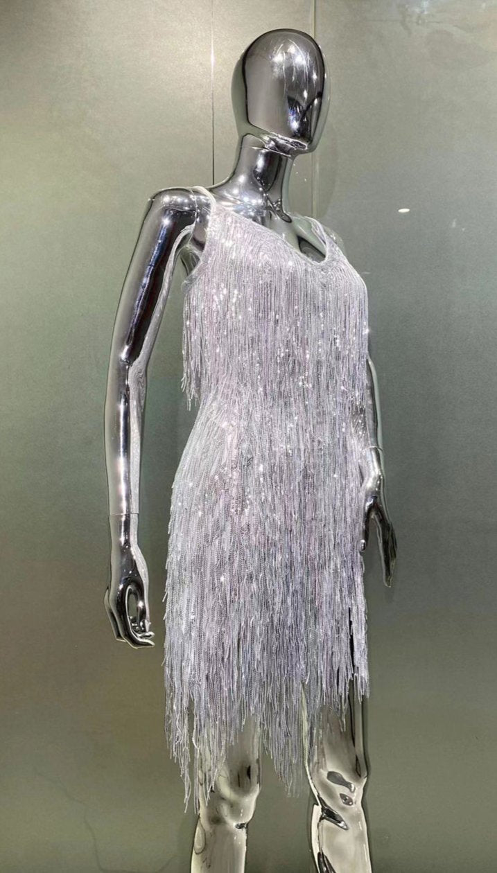 DOLLY Elegant Turquoise Green Sleeveless V-neck Tassel Glitter Cocktail Dress-ALEXA