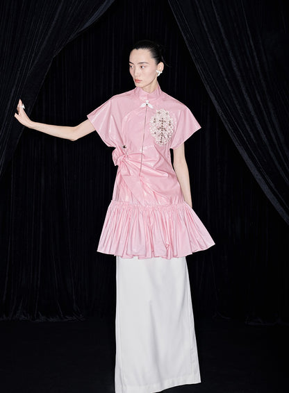 M essential Mackay designer Pink Peach Quilt Pleated Cardigan dress skirt - Lotta.