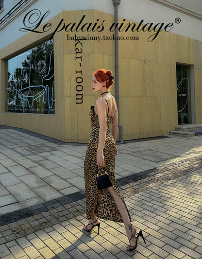 Le Palais Vintage sensual elegant leopard print faux silk satin slim wrap maxi dress-ASTA