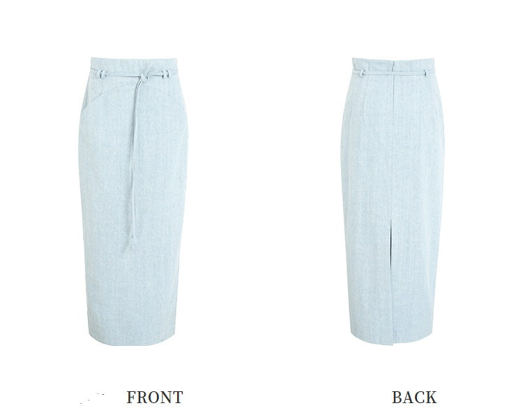 ZHUCHONGYUN summer blue belt loose straight length denim skirt-SOMA.