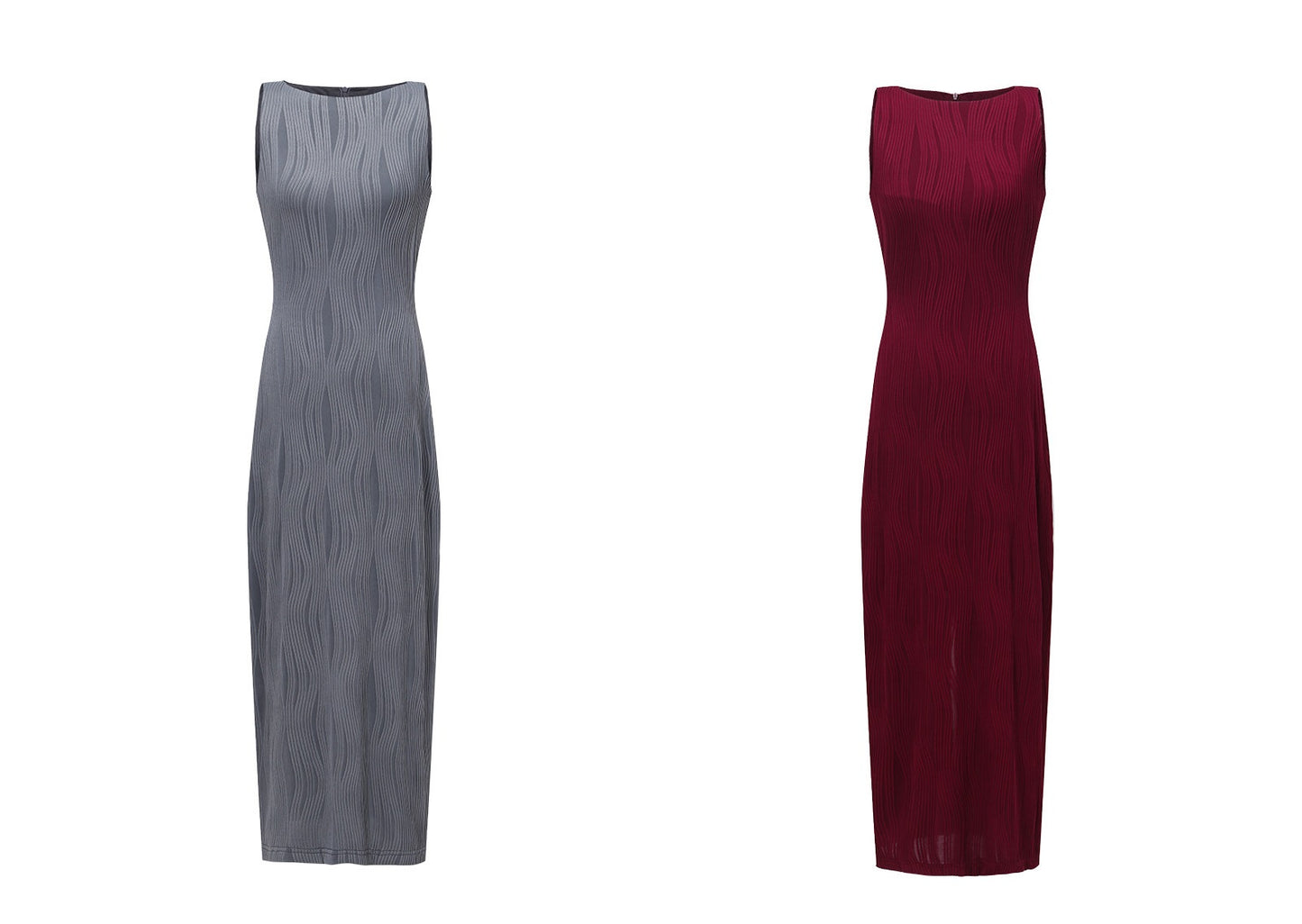 WANGXO | Textured 4D Stretch Knit Water Wave Weave Boat Neck Slim Fit Sleeveless Dress with Sculpted Flow -RÉMI