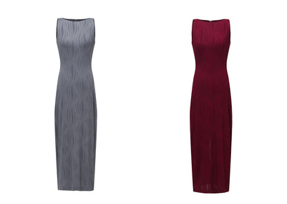 WANGXO | Textured 4D Stretch Knit Water Wave Weave Boat Neck Slim Fit Sleeveless Dress with Sculpted Flow -RÉMI