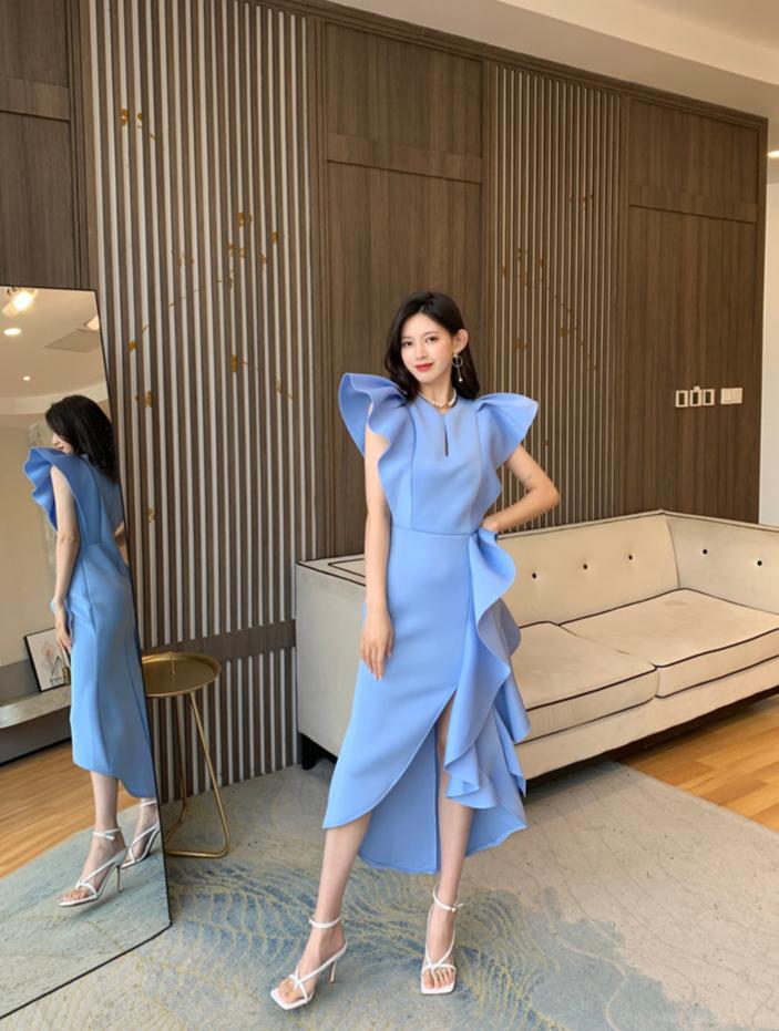 DOLLY Luxury V-Neck Short Sleeve High waist Slim Fit Irregular Hem Date Dress-LISA