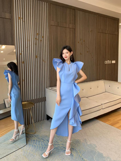 DOLLY Luxury V-Neck Short Sleeve High waist Slim Fit Irregular Hem Date Dress-LISA