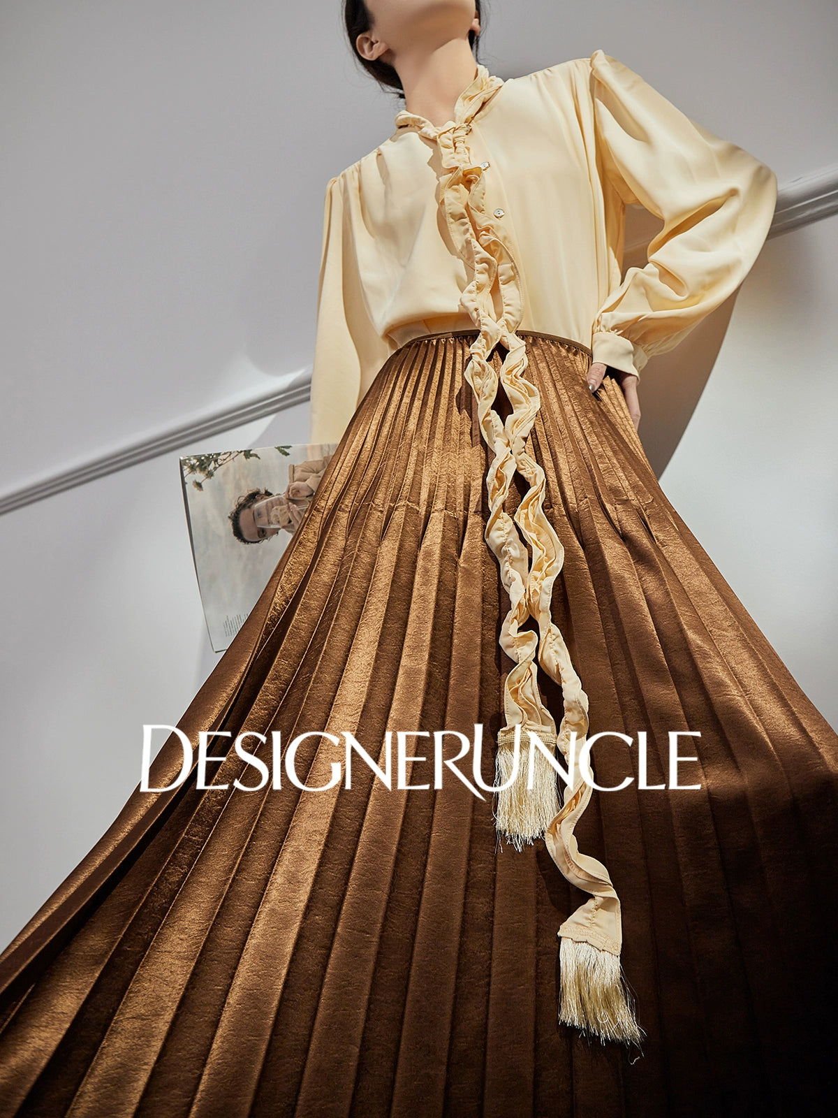 DGU "Euphemism" goose yellow shirt commuter ruffle slimming versatile top - LOVER.