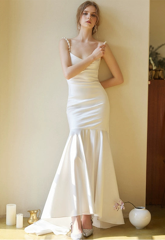 GOUDIN White Satin Engagement Evening Dress-IILONA.