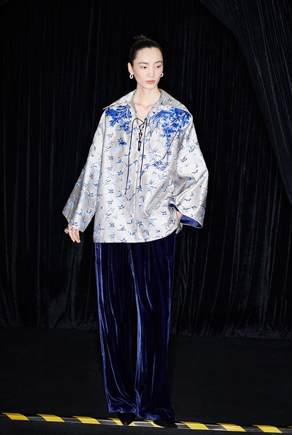 M essential Mackay designer butterfly jacquard blue vine butterfly embroidered top - WIND.