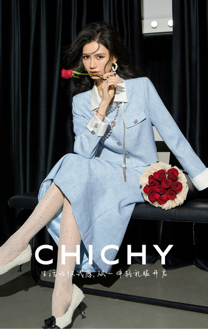 CHICHY blue tweed mermaid long skirt French two-piece set - MADI