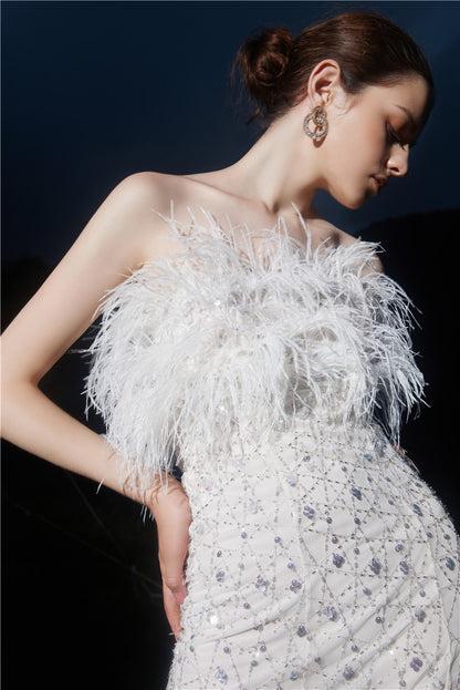 Wardrobes by Chen  luxury wedding White Haute Couture Feather Sequin Dress-Masa