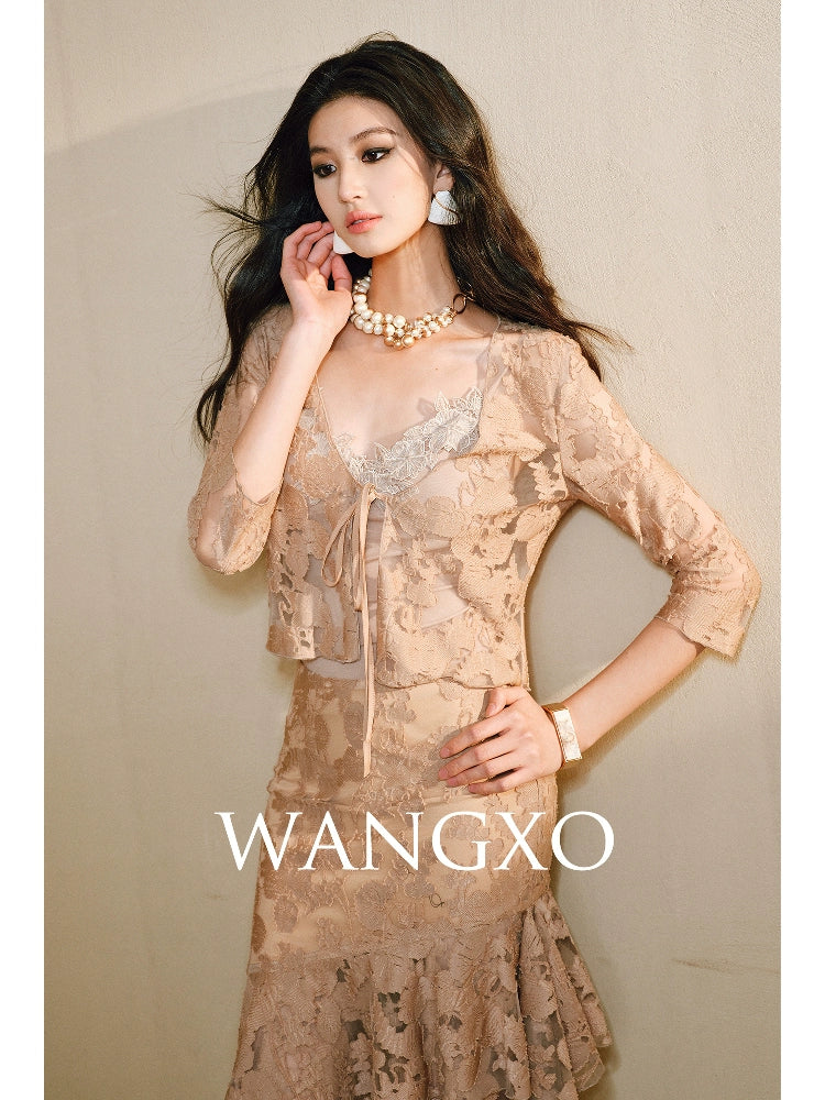 WANGXO | Lace-Up Cardigan & Irregular Double Fishtail Hip Skirt Set -KAIA