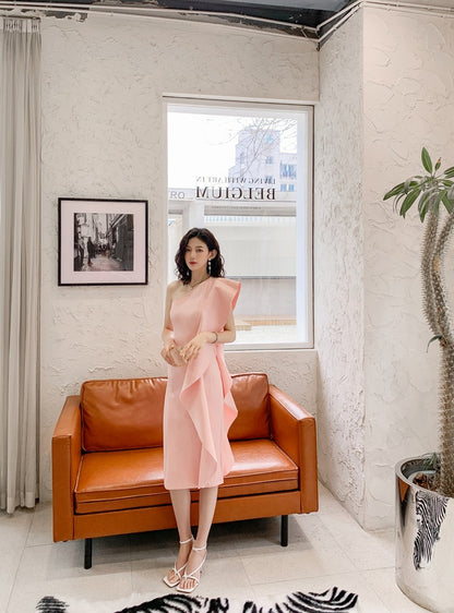 DOLLY Luxury French Style Ruffle One Shoulder Hip Hug Midi Dinner Dress-JEHO