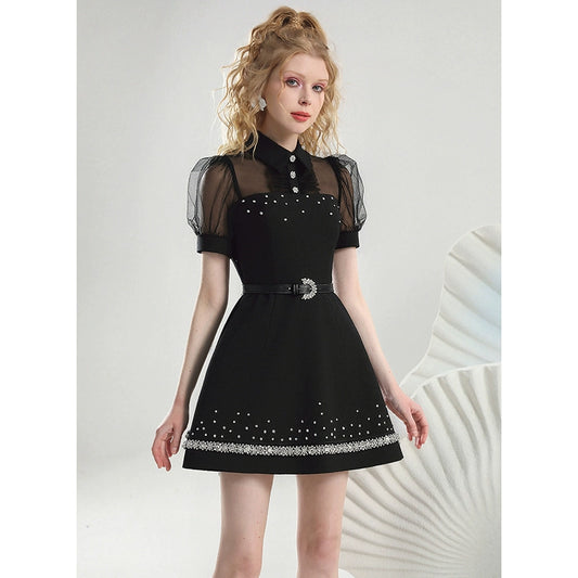 CHECOCRE summer new nail diamond mesh puff sleeves cinched waist thin little black dress - SCRUB .