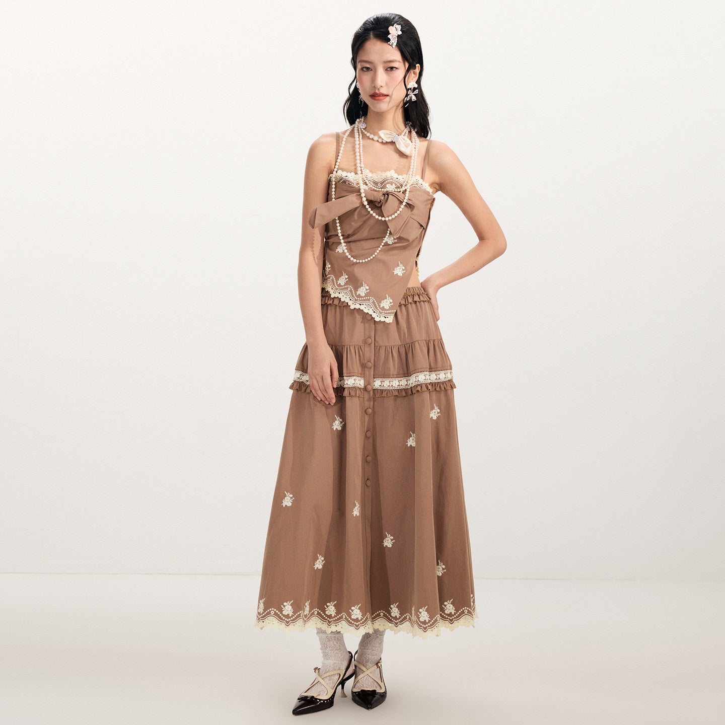 FAME Rococo Flower Embroidered Nail Bead Skirt - CAMDEN