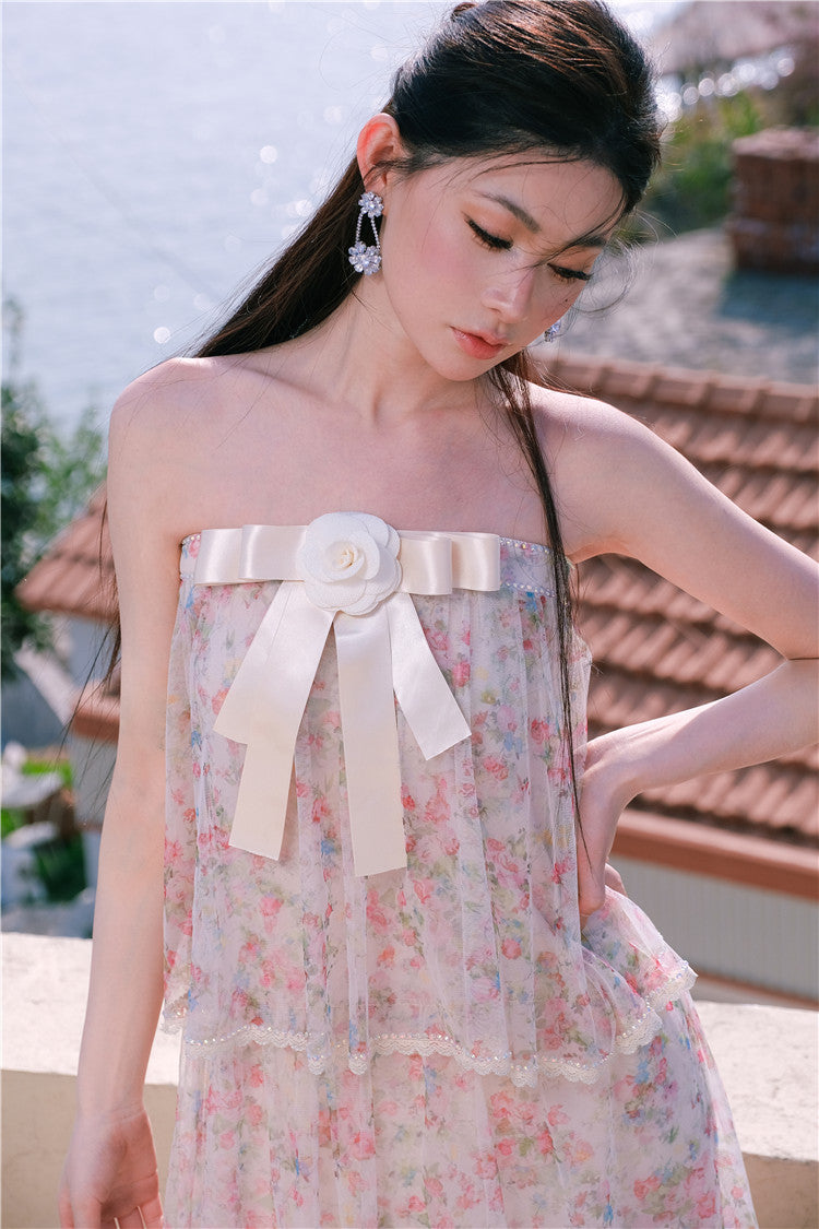 Wardrobes by Chen Luxury Floral Tube bow Maxi Summer Dress-Marilyn