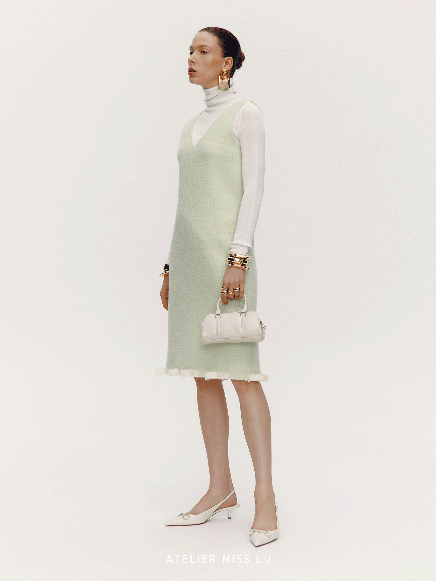 ATELIER MISS LU Bow Patchwork Sheep Wool Dress - SHANE.