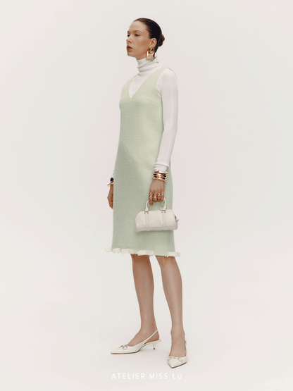 ATELIER MISS LU Bow Patchwork Sheep Wool Dress - SHANE.