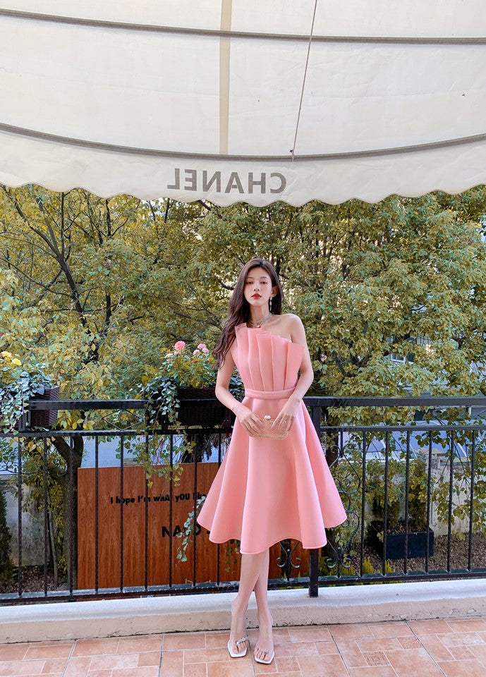 DOLLY Elegant Off Shoulder Pleated Ruffle Tube Top High Wait Midi Dress-LLA