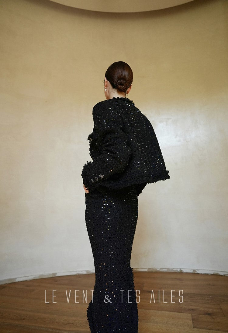 LE VENT&TES AILES High-end Luxury Heavy Work sequin Tweed Jacket Skirt Suit-FINN