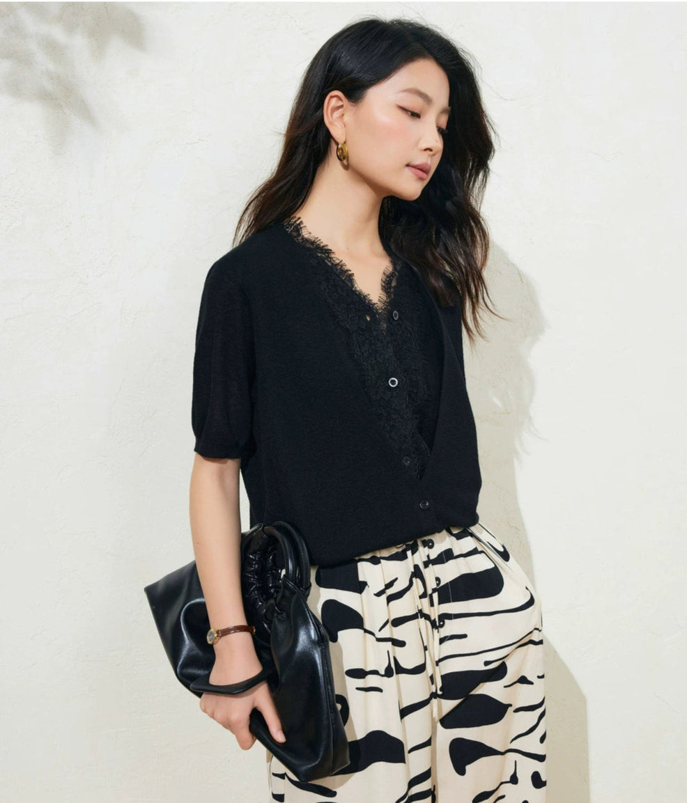 SUSHE LACE STITCHING V-NECK FIVE-QUARTER SLEEVES TWO-PIECE KNITTED TOP-EVA