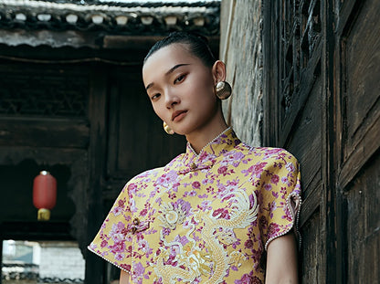 HECO Chinese style golden dragon embroidery short-sleeved placket buttoned shirt - QAND.