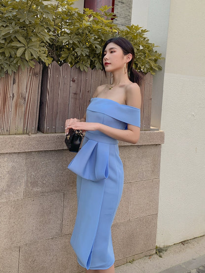 DOLLY Elegant Blue Sleeveless Off Shoulder Chest Wrap Midi Dinner Dress-DARA