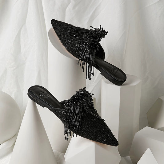B-FEI imported woolen handmade beaded black plus-size mules-BITC.