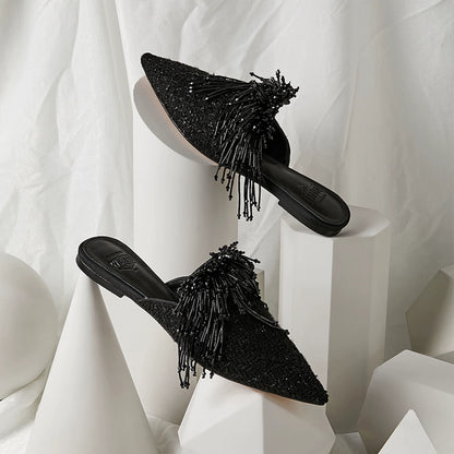 B-FEI imported woolen handmade beaded black plus-size mules-BITC.