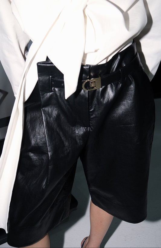 MEI SANGUAN black straight-leg cropped leather pants - LEIGHA