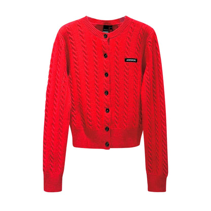 ANNAKIKI furry crew neck slim sheep knitted cardigan sweater-RIN