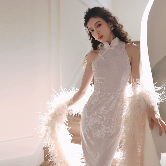 DOLLY Elegant White Chinese Style Sleeveless Stand Collar Formal Dinner Dress-ANNA