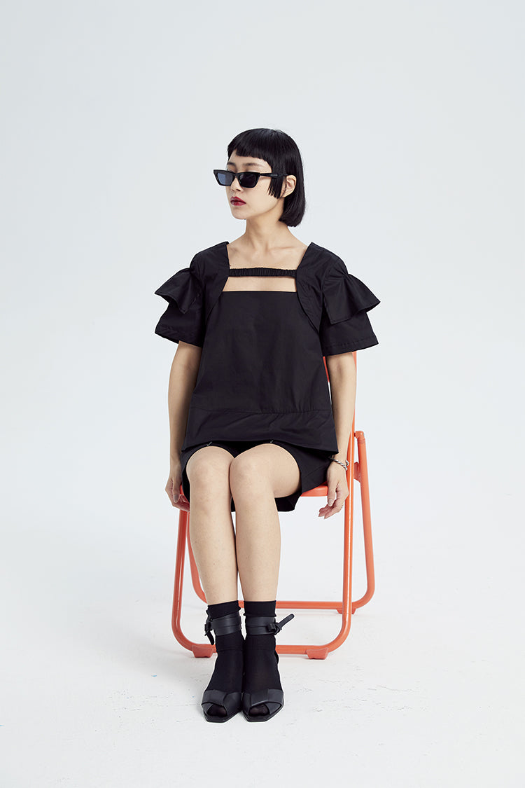 TINY IN double-sleeved vest two-piece women's two wear black Top-LIGHT