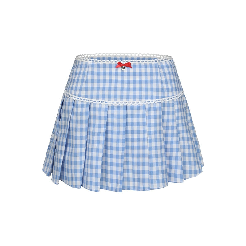 Le Palais Vintage  blue plaid kitten print short suspender pleated skirt-FASH.