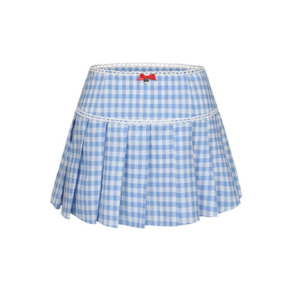 Le Palais Vintage  blue plaid kitten print short suspender pleated skirt-FASH.