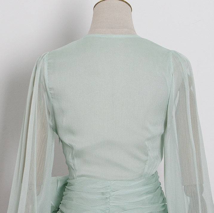 D0LLY Luxury French Style V-Neck Long Puff Sleeve Chiffon Pleated Ruffle Dress-VERA