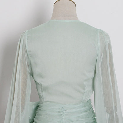 D0LLY Luxury French Style V-Neck Long Puff Sleeve Chiffon Pleated Ruffle Dress-VERA