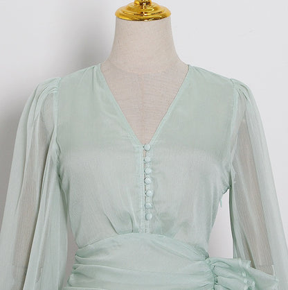 D0LLY Luxury French Style V-Neck Long Puff Sleeve Chiffon Pleated Ruffle Dress-VERA