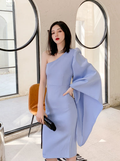 DOLLY Elegant One Shoulder Long Trumpet Sleeve Slim Fit Wedding Guest Dress-MALA